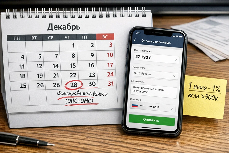 Настольный календарь с выделенными датами уплаты страховых взносов ИП за себя: 28 декабря и 1 июля.