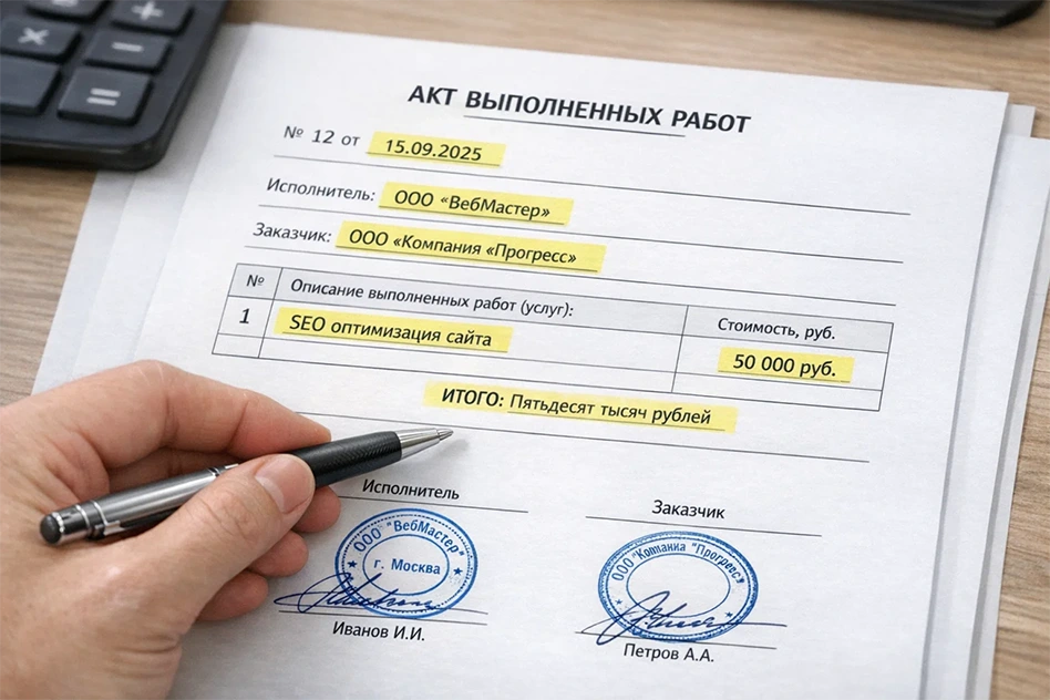 Крупный план на правильно заполненный акт выполненных работ с выделением обязательных реквизитов: дата, наименование, подписи, печать.